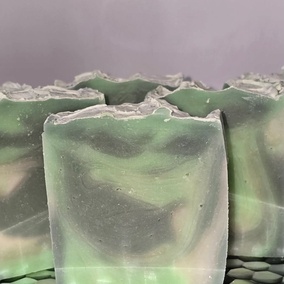 Dill Pickle cold process soap bars, front view
