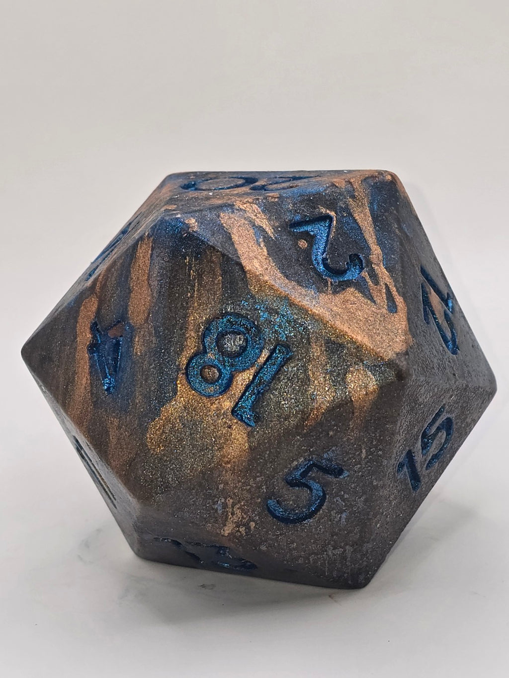 Onyx Frost D20 glycerin soap, handmade with blue numbers and copper-and-dark swirls
