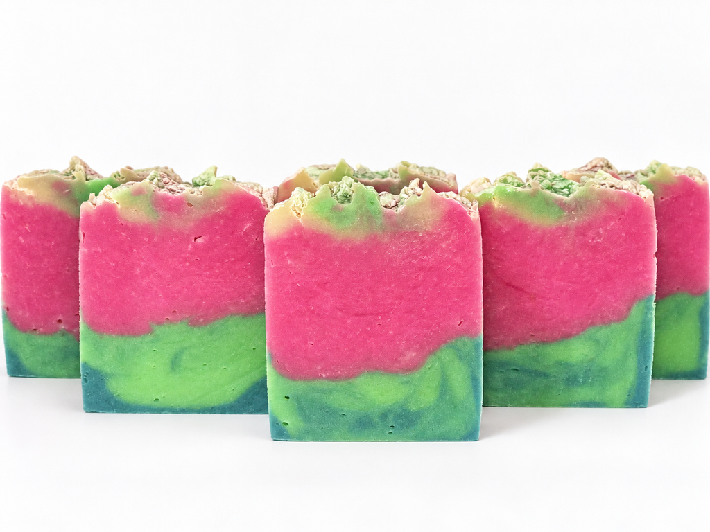 Pink Watermelon handmade cold process soap bars on white background